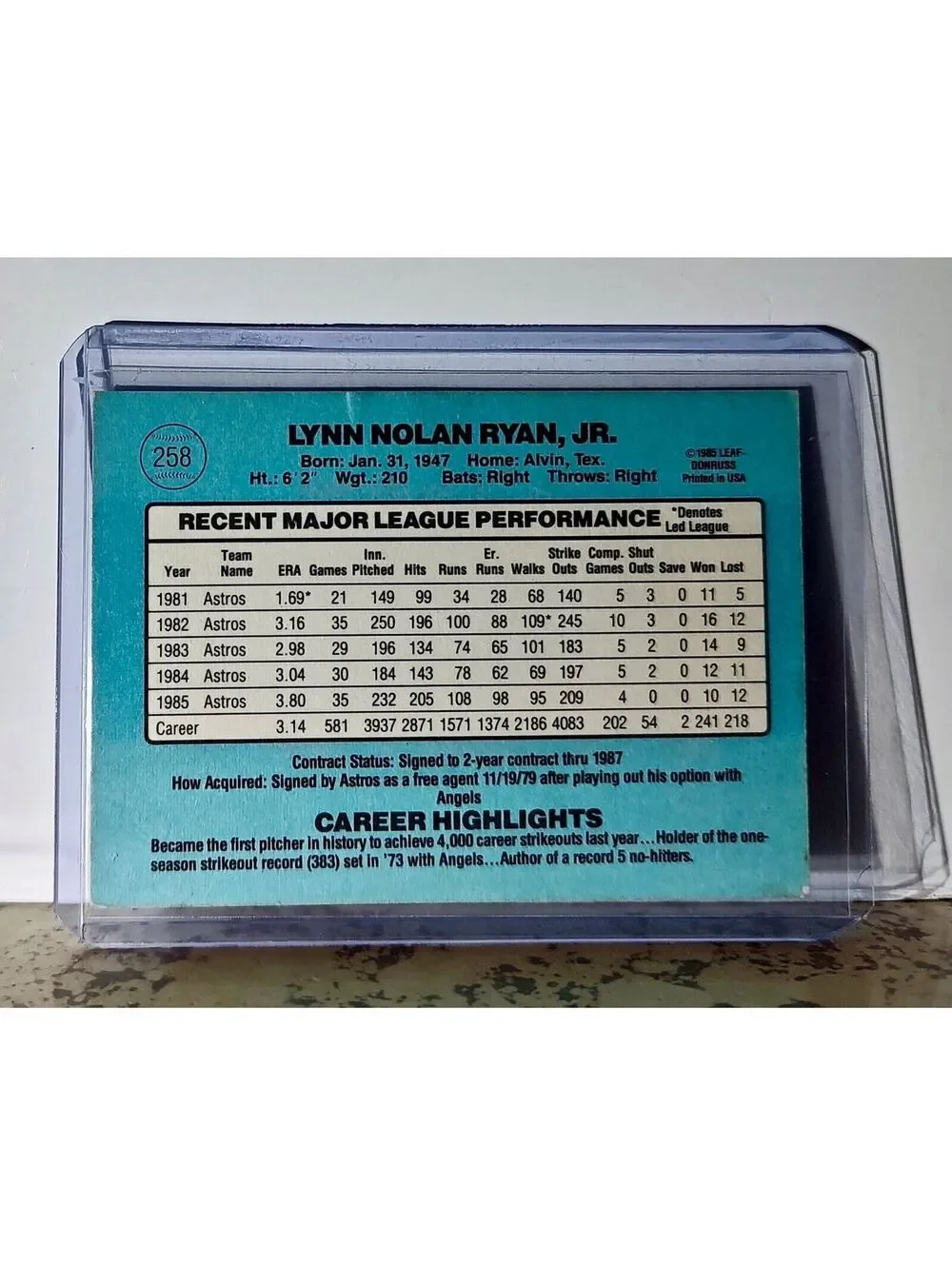 Nolan Ryan 1986 Donruss MLB #258 Baseball Card Houston Astros